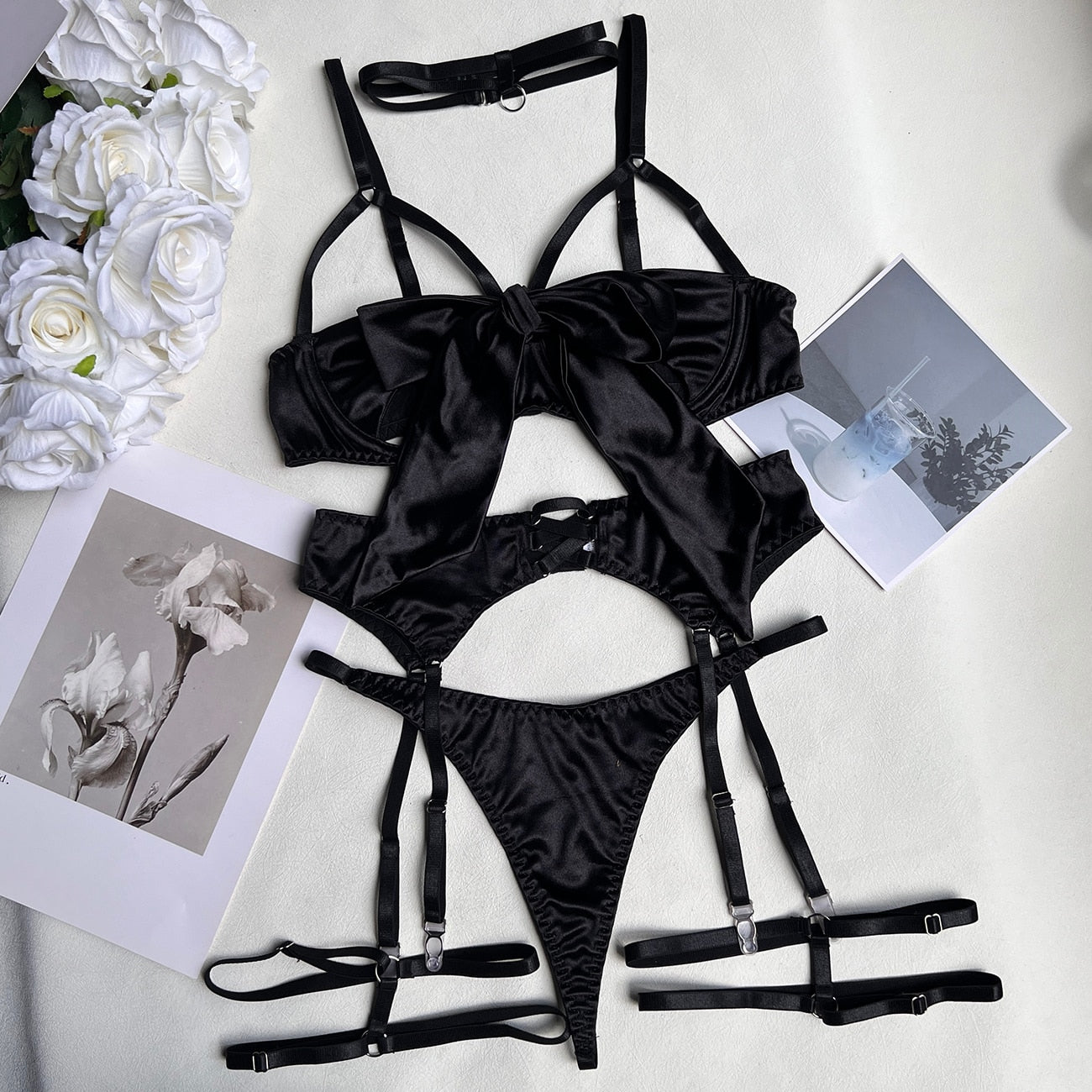 Ellolace Bowknot Lingerie Open Bra Silk Underwear Sissy Bilizna Set Uncensored Porn Sensual Intimate Garter Thongs Sexy Outfits