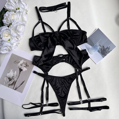Ellolace Bowknot Lingerie Open Bra Silk Underwear Sissy Bilizna Set Uncensored Porn Sensual Intimate Garter Thongs Sexy Outfits