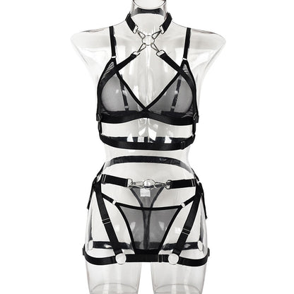Ellolace Sensual Lingerie Halter Cross Bra And Panty Set Transparent Lace Fancy Underwear 4-Piece Sheer Black Erotic Intimate