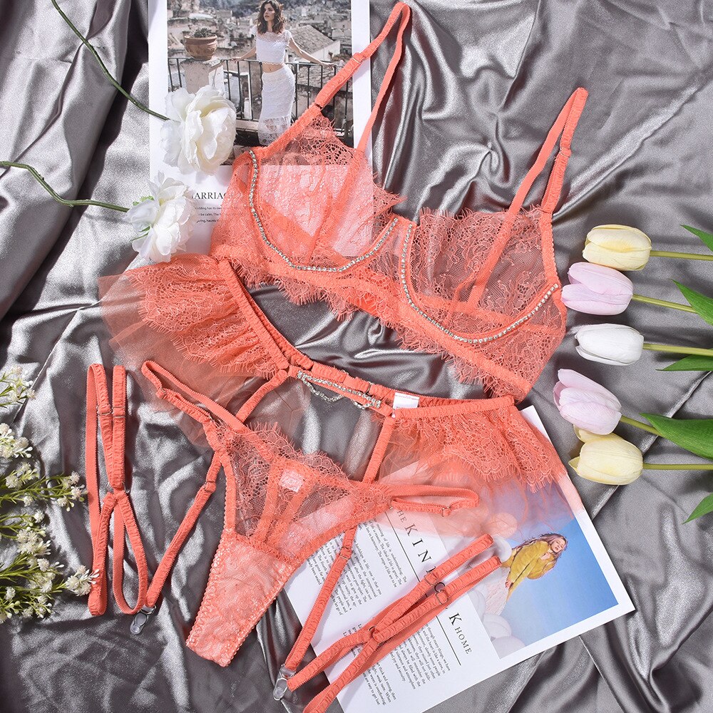 Ellolace Sexy Lingerie Transparent Female Underwear Fancy Ruffle See Through Bilizna Set Orange Seamless Lace Outfits