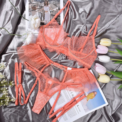 Ellolace Sexy Lingerie Transparent Female Underwear Fancy Ruffle See Through Bilizna Set Orange Seamless Lace Outfits