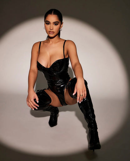 Ellolace Leather Bodysuit Fitness Sexy Body Tight Fitting One Piece Top Women Black Night Club Sissy Fetish Pu Crotchless Outfit