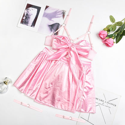 Ellolace Fancy Satin Lingerie Outfit Open Bra Bowknot Set Woman 5 Pieces Garter Dress Intimate Sexy Fine Exotic Sets