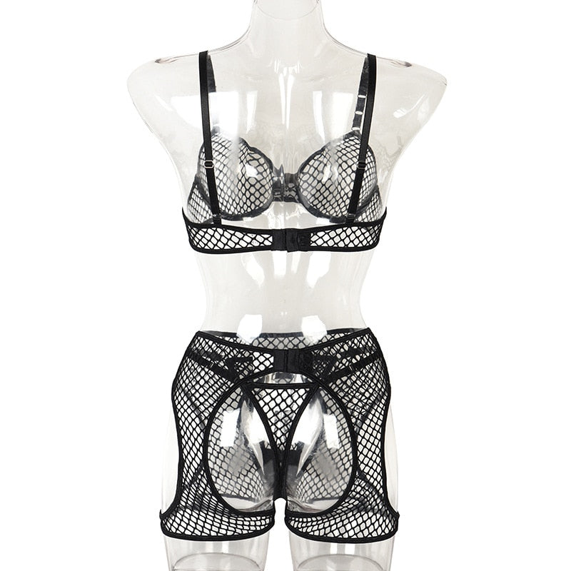Ellolace Fishnet Lingerie Transparent Sensual Exotic Sets See Through Bra Kit Push Up 3-Piece Sissy Garter Belt Black Intimate