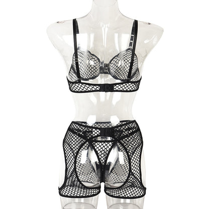 Ellolace Fishnet Lingerie Transparent Sensual Exotic Sets See Through Bra Kit Push Up 3-Piece Sissy Garter Belt Black Intimate