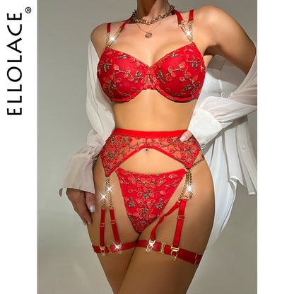 Ellolace Delicate Lingerie Floral Fairy Fancy Beautiful Underwear 4-Piece Lace Exotic Sets Chain Garters Seamless Sensual Outfit