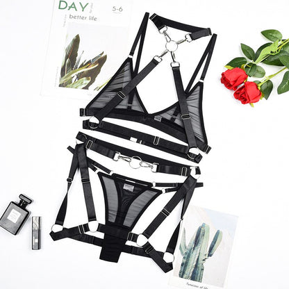 Ellolace Sensual Lingerie Halter Cross Bra And Panty Set Transparent Lace Fancy Underwear 4-Piece Sheer Black Erotic Intimate