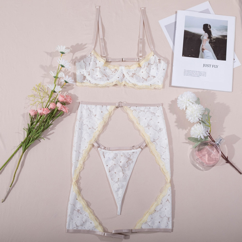Ellolace Half Cup Bra Sensual Lingerie Push Up Bra And Thongs Erotic Garter Belt Set Sexy Outfits Uncensored Sexy Lace Intimate