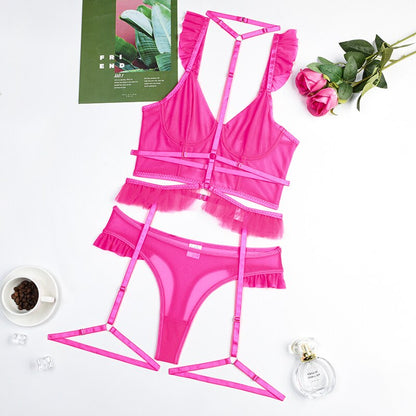 Ellolace Pink Ruffle Fancy Lingerie Seamless Bra Brief Sets Halter Garter Exotic Outfit See Through Sexy Intimate Kits 3-Piece