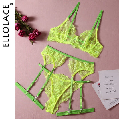 Ellolace Neon Green Fancy Lingerie Fetish Luxury Transparent Bra Intimate Push Lace Naked Women Without Censorship Underwear