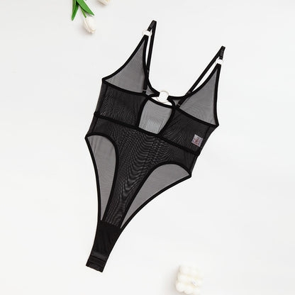 Ellolace Lace Bodysuit With Ring Hollow High Cut Body Sensual Seamless Tops Transparent One Piece Mesh Crotchless Tight Fitting