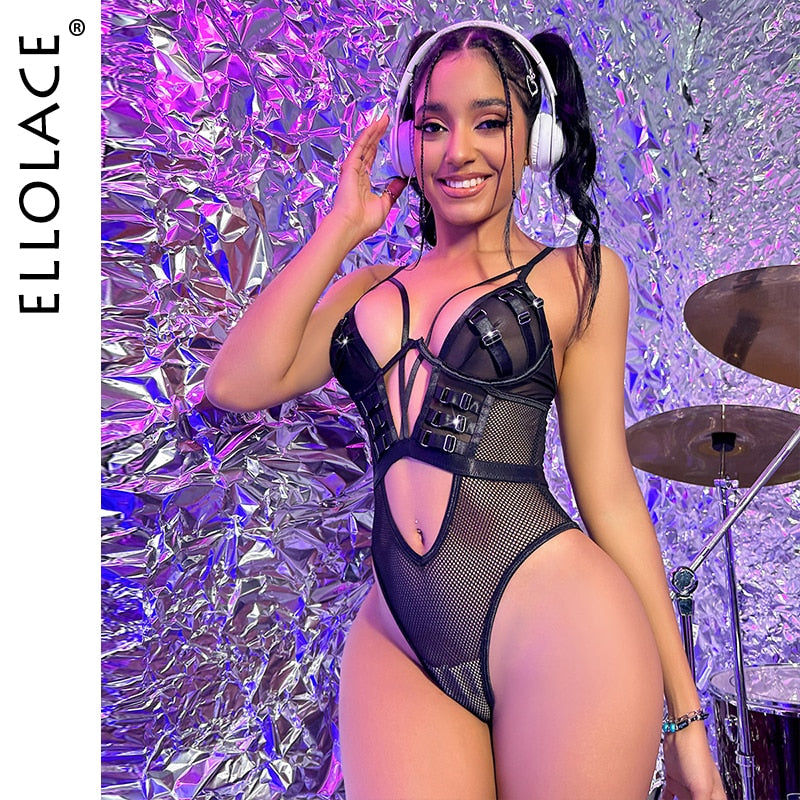 Ellolace Sensual Lace Bodysuit Deep-V Fitness Body Delicate See Through Tight Fitting Tops Mesh Naked Cut Out Top