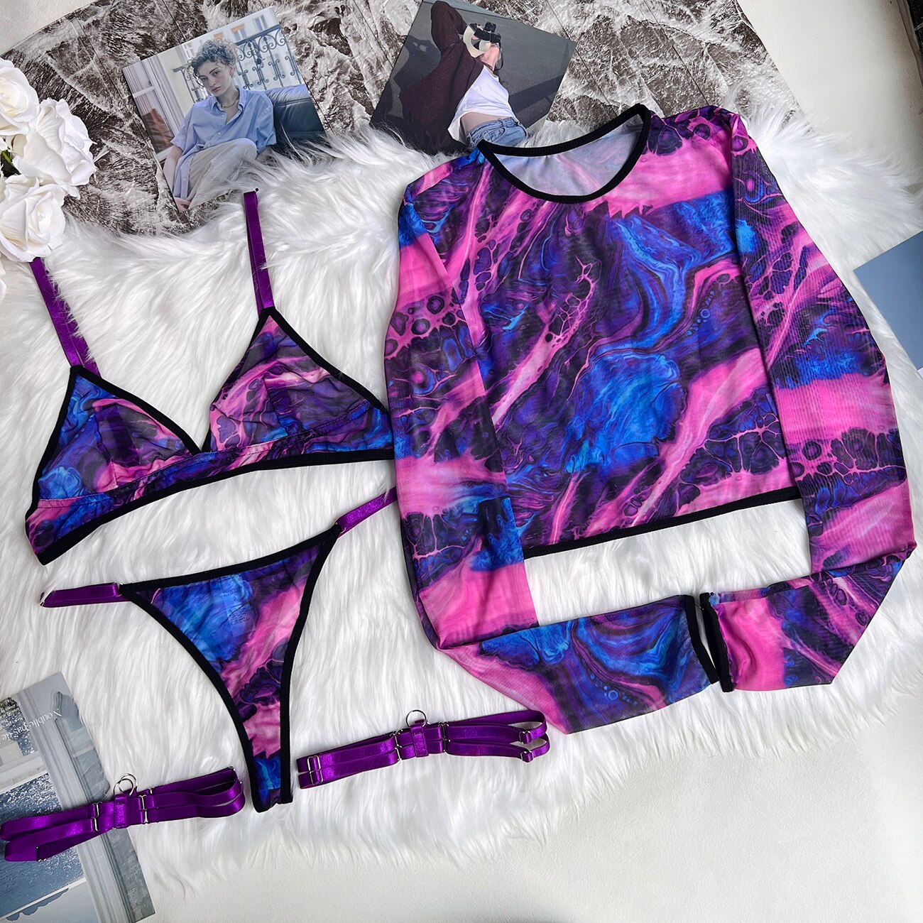 Ellolace Tie Dye Lingerie With Long Sleeve Tops Lace See Through Sensual Erotic Sets 4-Piece Sexy Seamless Erotic Underwear