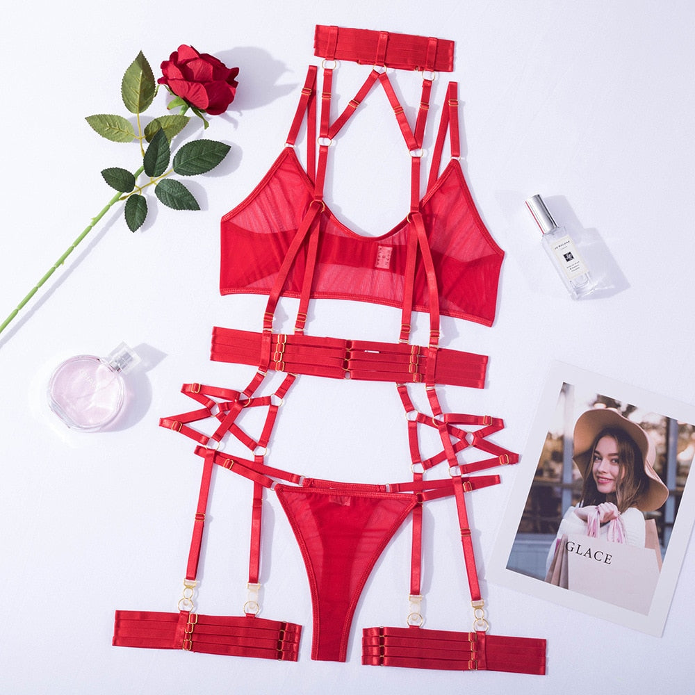 Ellolace Sexy Lingerie Halter Bandage Underweat 4-Piece Sheer Lace Sensual Erotic Garter Belt Set Red Intimate