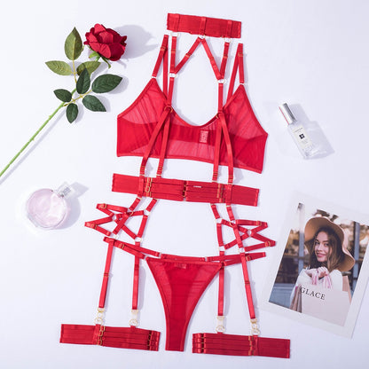 Ellolace Sexy Lingerie Halter Bandage Underweat 4-Piece Sheer Lace Sensual Erotic Garter Belt Set Red Intimate
