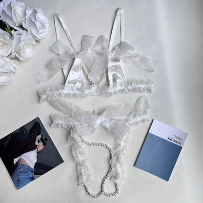 Ellolace Fancy Erotic Lingerie Luxury Open Bra Thongs Beading Bowknot Micro Underwear Ruffle Sexy Outfits Crotchless Intimate
