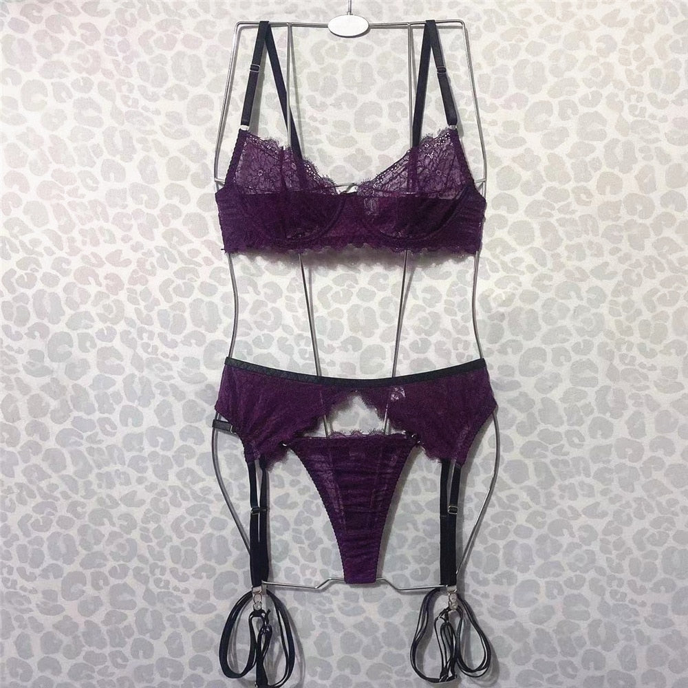 Ellolace Sexy Lace Lingerie Seamless Female Underwear 3-Piece Garter Fancy Transparent Bra And Panty Set Brazilian Outfits