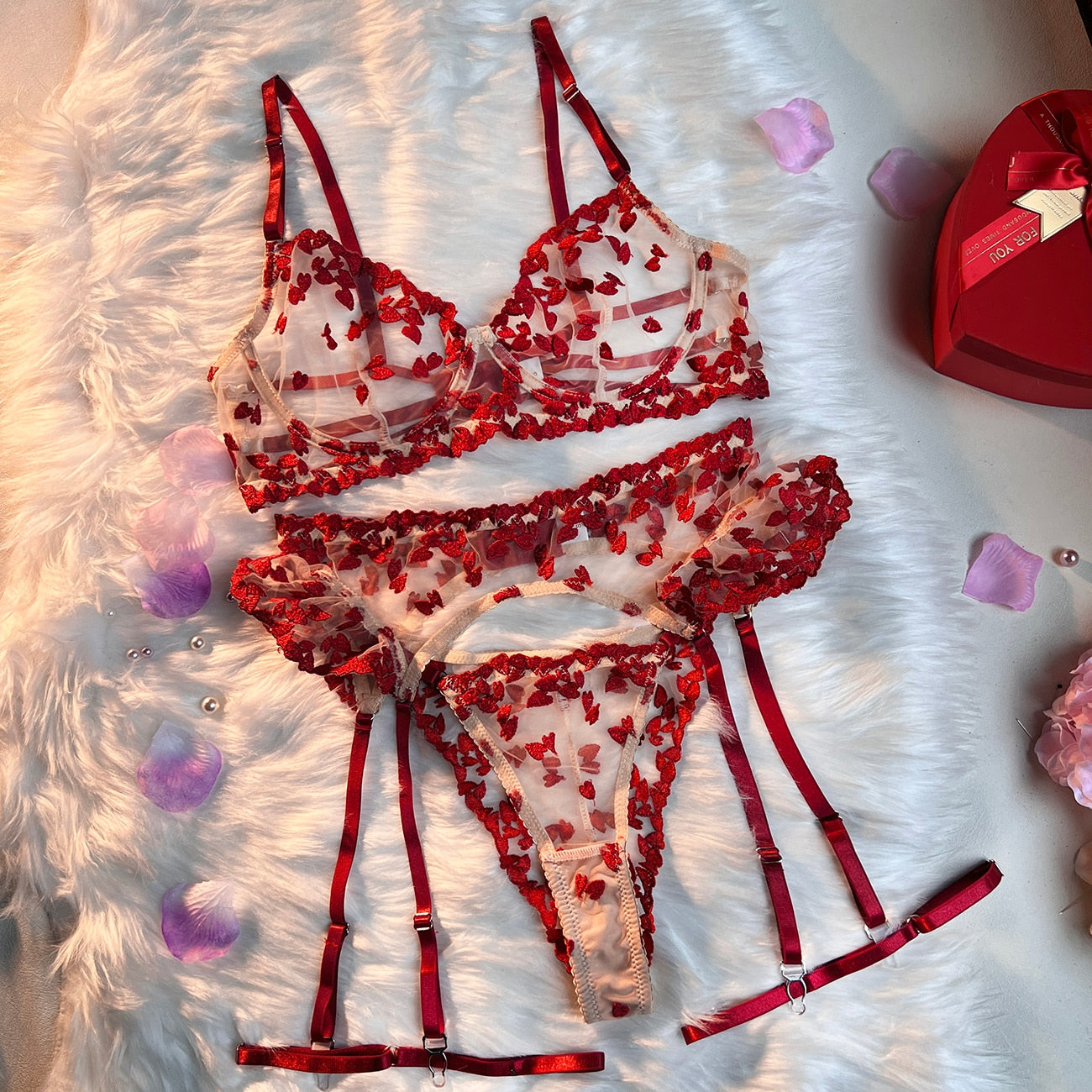 Ellolace Heart Sensual Lingerie Sheer Lace Embroidery Fancy Underwear 4-Piece Ruffle Sissy Intim Goods Delicate Sexy Outfits