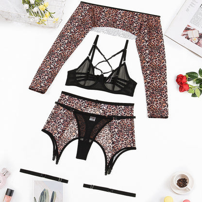Ellolace Erotic Lingerie With Leopard Off Shoulder Top Sheer Lace Transparent Bra Panty Set Bandage Exotic Sets Uncensored