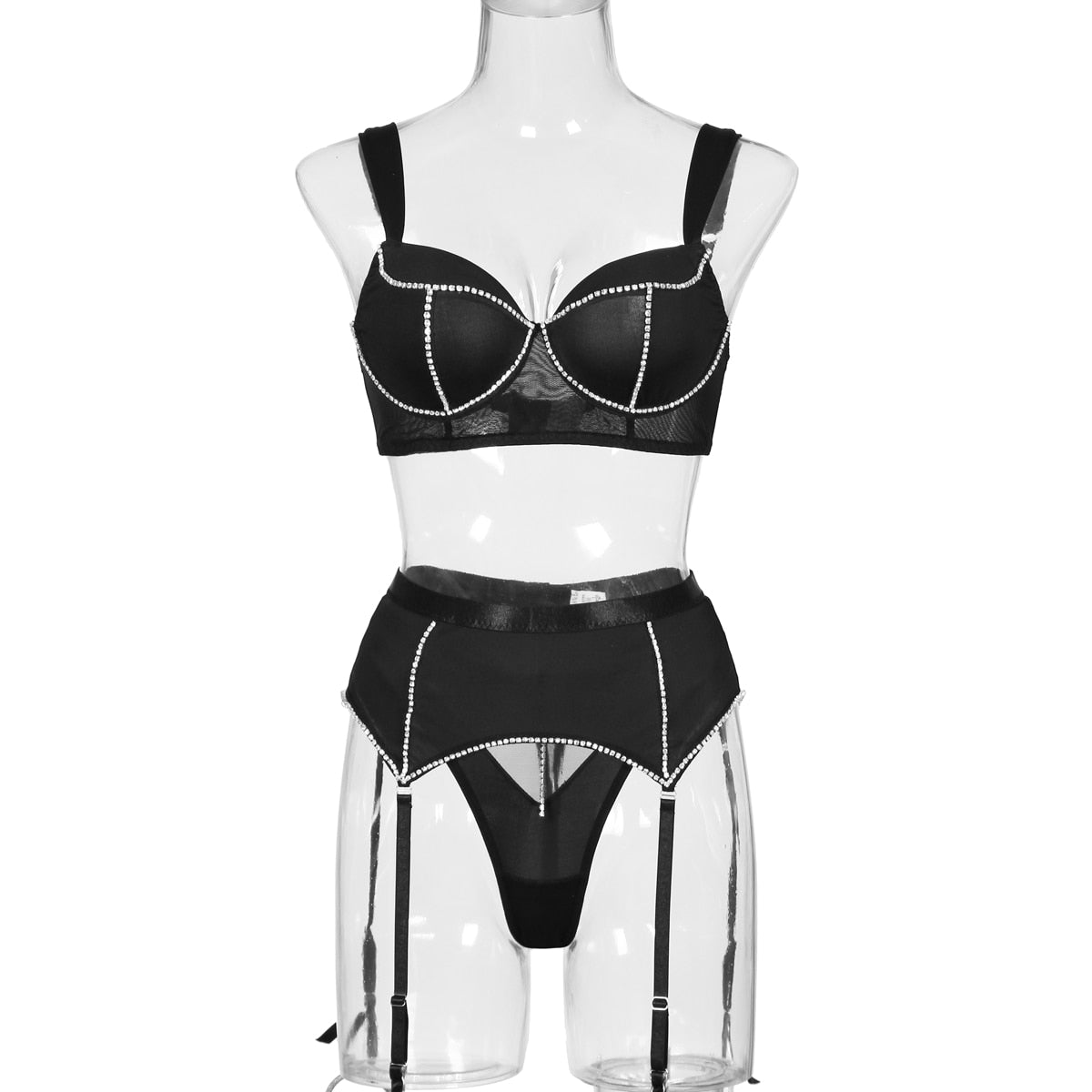 Ellolace Rhinestone Lingerie Luxury Intimate Underwear 3-Piece Seamless Bra Kit Push Up Glitter Bilizna Set Sexy Delicate Outfit