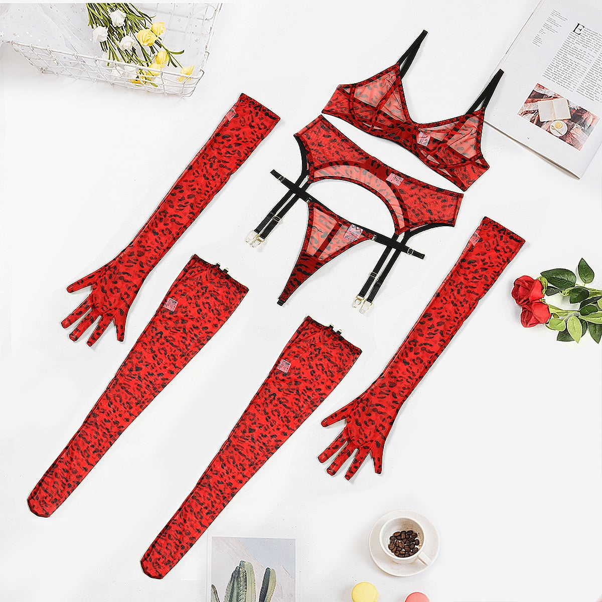 Ellolace Leopard Lingerie For Women Lace Set Of Underwear With Stockings 5-Pieces Erotic Thongs Garter Transparent Bra Pantyhose