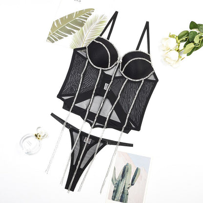 Ellolace Rhinestone Lingerie Corset Set Women 2 Piece Luxury Fancy Underwear Push Up Bra And Panty Set Fancy Glitter Intimate