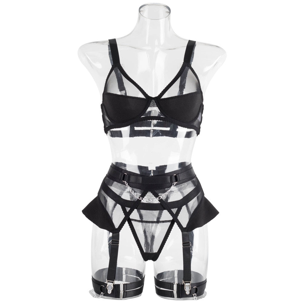 Ellolace Sensual Lingerie Sissy Transparent Bra Fine Underwear 4-Piece Luxury Garter Sheer Lace Outfit Seamless Intimate