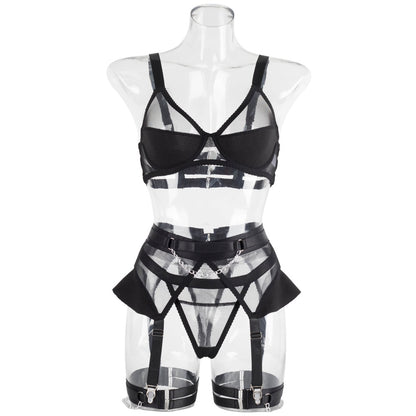 Ellolace Sensual Lingerie Sissy Transparent Bra Fine Underwear 4-Piece Luxury Garter Sheer Lace Outfit Seamless Intimate