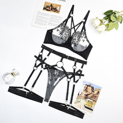 Ellolace Fancy Lingerie Cross Bra Floral Transparent Lace Underwear 4-Piece Sensual Fairy Intimate Uncensored Sexy Exotic Sets