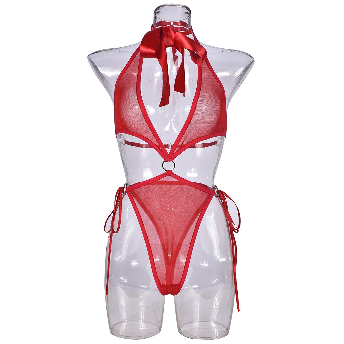 Ellolace One Piece Halter Bodysuit Hollow Patchwork Uncensored Sexy Top See through Mesh Backless Body Red Seamless Tight