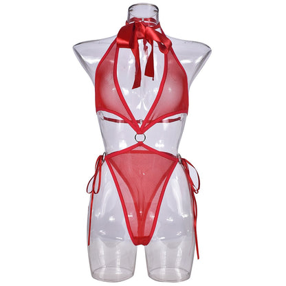Ellolace One Piece Halter Bodysuit Hollow Patchwork Uncensored Sexy Top See through Mesh Backless Body Red Seamless Tight
