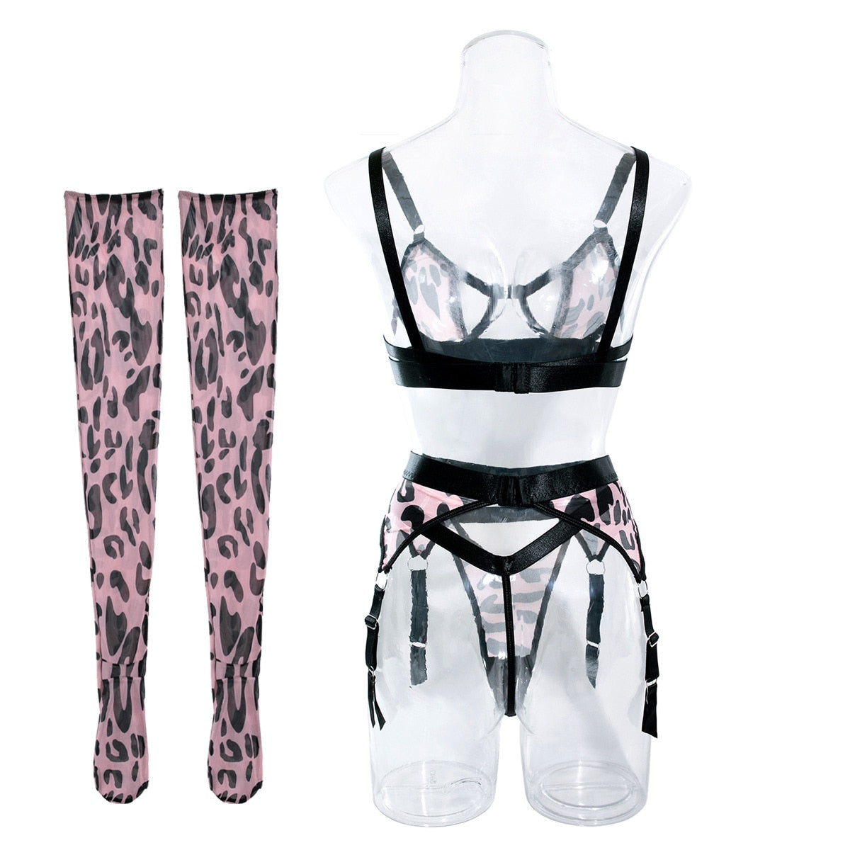 Ellolace Leopard Lingerie With Stocking Cut Out Bra Sensual Brief Sets 4-Piece See Through Lace Fancy Underwear Garter Intimate