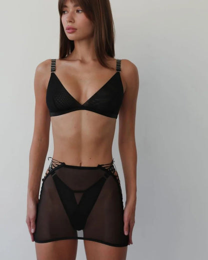Ellolace Sensual Lingerie Bandage Garter Sheer Lace Underwear 4-Piece Seamless See Through Outfits Black Erotic Bilizna Set