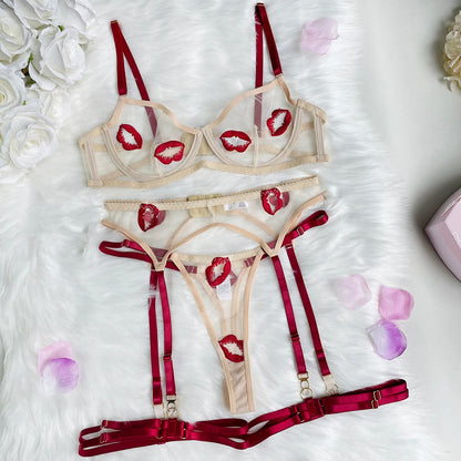 Ellolace Fancy Lingerie Red Lips Embroidery Sissy Delicate Underwear Transparent Bra Set Woman 3 Pieces Sensual Lace Outfit