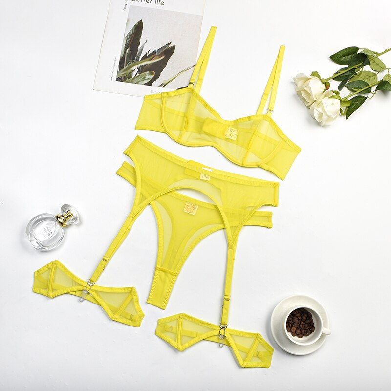 Ellolace Sensual Lingerie See Through Bra Kit Push Up Seamless Sheer Lace Intimate Soft Erotic Sets Garter Underwear Uncensored