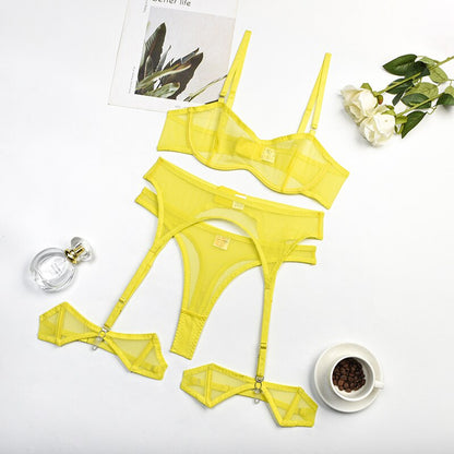 Ellolace Sensual Lingerie See Through Bra Kit Push Up Seamless Sheer Lace Intimate Soft Erotic Sets Garter Underwear Uncensored