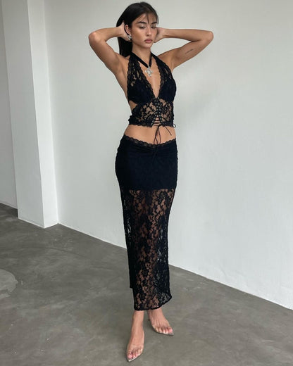 Ellolace Sexy Lace Outfits Halter Backless Camisole Crop Tops Pencil Ankle Skirts Summer See Through Black Skinny Outfits