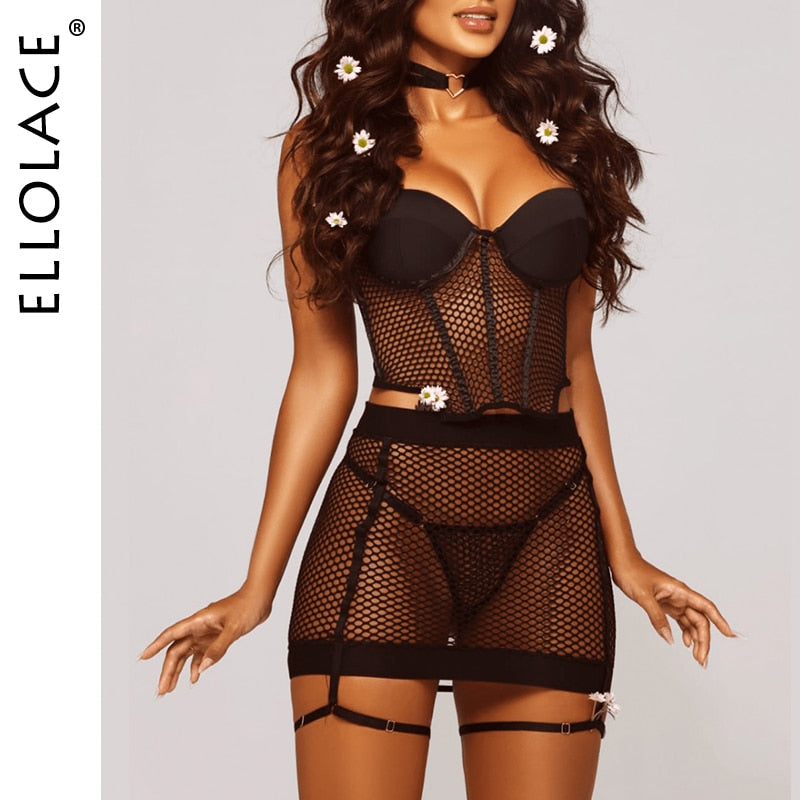 Ellolace Erotic Fishnet Lingerie Seamless Corset Outfits See Through Garter Brief Set Padded Bra Sexy Fancy Underwear 4-Piece