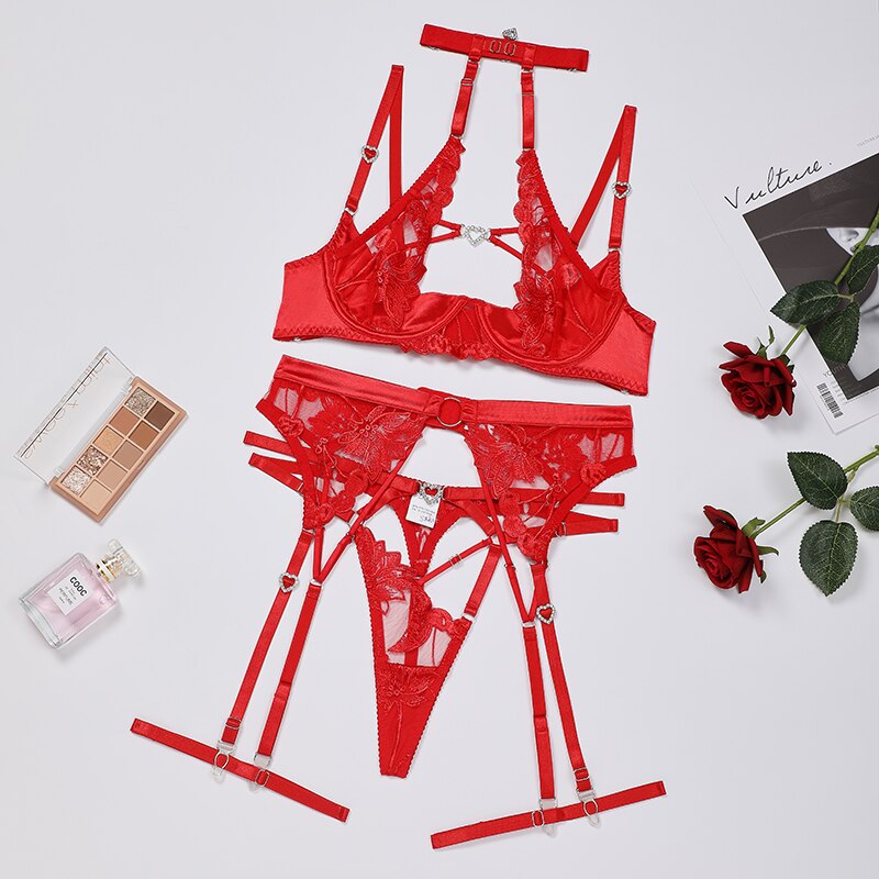 Ellolace Fancy Lingerie Sensual Fairy Underwear 4-Piece Halter Bra Cut Out Thongs Delicate Luxury Lace Exotic Sets Sissy Outfit
