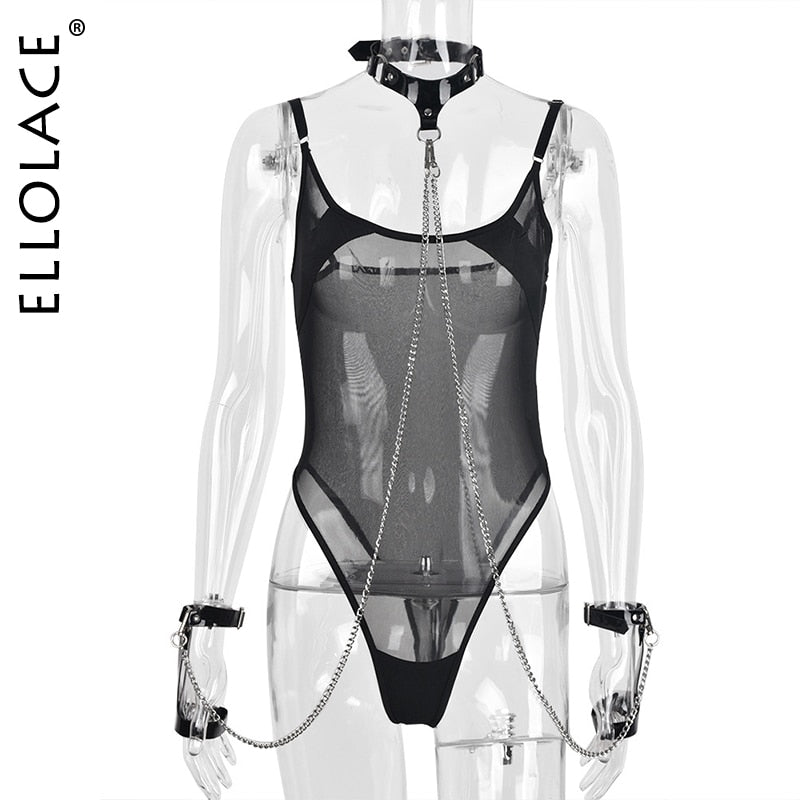 Ellolace Bondage Bodysuit Lingerie Bdsm Transparent Porn Lace Body One-Pieces With Halter Leather Chain Sexy Mesh Tights Top