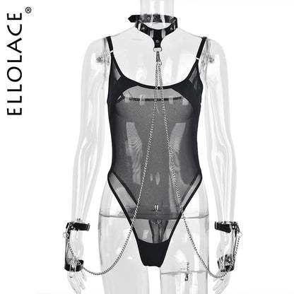 Ellolace Bondage Bodysuit Lingerie Bdsm Transparent Porn Lace Body One-Pieces With Halter Leather Chain Sexy Mesh Tights Top