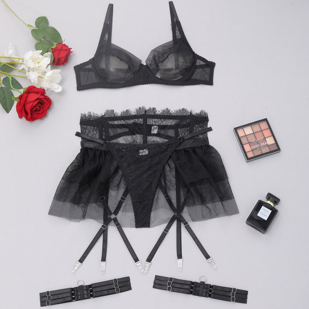 Ellolace Delicate Ruffled Lingerie Transparent Bra Garter Brief Set 4-Piece Sensual Tulle Underwear Uncensored Sissy Exotic Sets