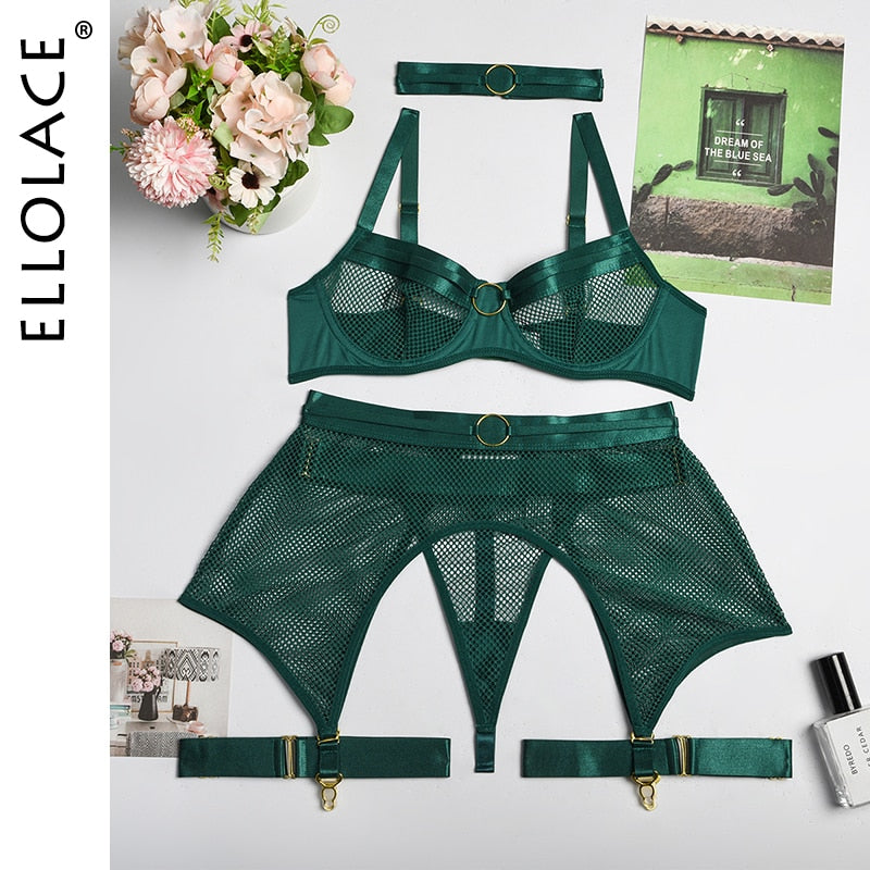 Ellolace Four-Piece Set Erotic Lingerie Transparent Bra Kit Push Up See Through Lace Langerie Mesh Seamless Underwear Garters