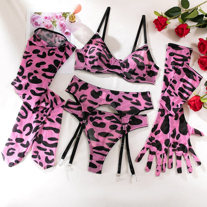 Ellolace Leopard Lingerie With Stocking Gloves Seamless Underwear Sensual Garter Belt Set Pink Pink Intimate Sexy Outfits