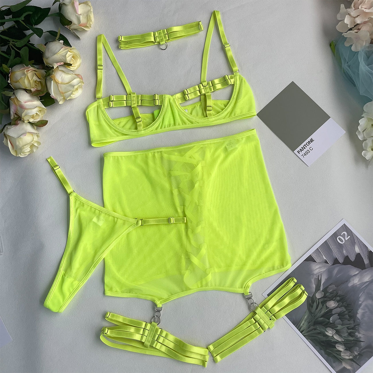 Ellolace Open Bra Lingerie Lace Up Garter Underwear Uncensored Thongs Naked Porn Intimate 4-Piece Valentine Day Mesh Bilizna Set