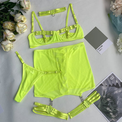 Ellolace Open Bra Lingerie Lace Up Garter Underwear Uncensored Thongs Naked Porn Intimate 4-Piece Valentine Day Mesh Bilizna Set