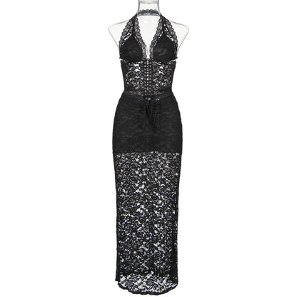 Ellolace Sexy Lace Outfits Halter Backless Camisole Crop Tops Pencil Ankle Skirts Summer See Through Black Skinny Outfits