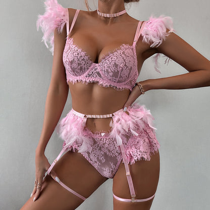 Ellolace Feather Lingerie Lace Luxury Underwear 5-Piece See Through Sissy Seamless Intimate Push Up Sensual Bra And Panty Sets