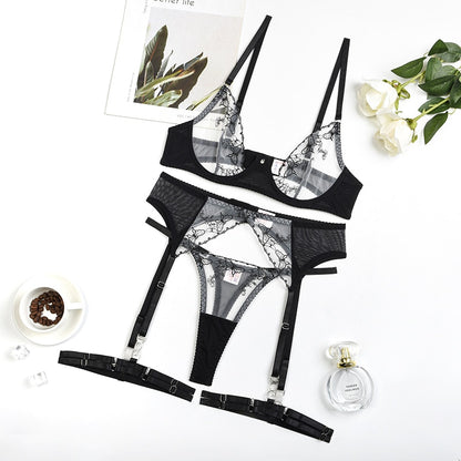 Ellolace Sensual Lingerie Floral Transparent Bra Kit Push Up Erotic Garter Belt Set Seamless Sheer Lace Underwear Uncensored