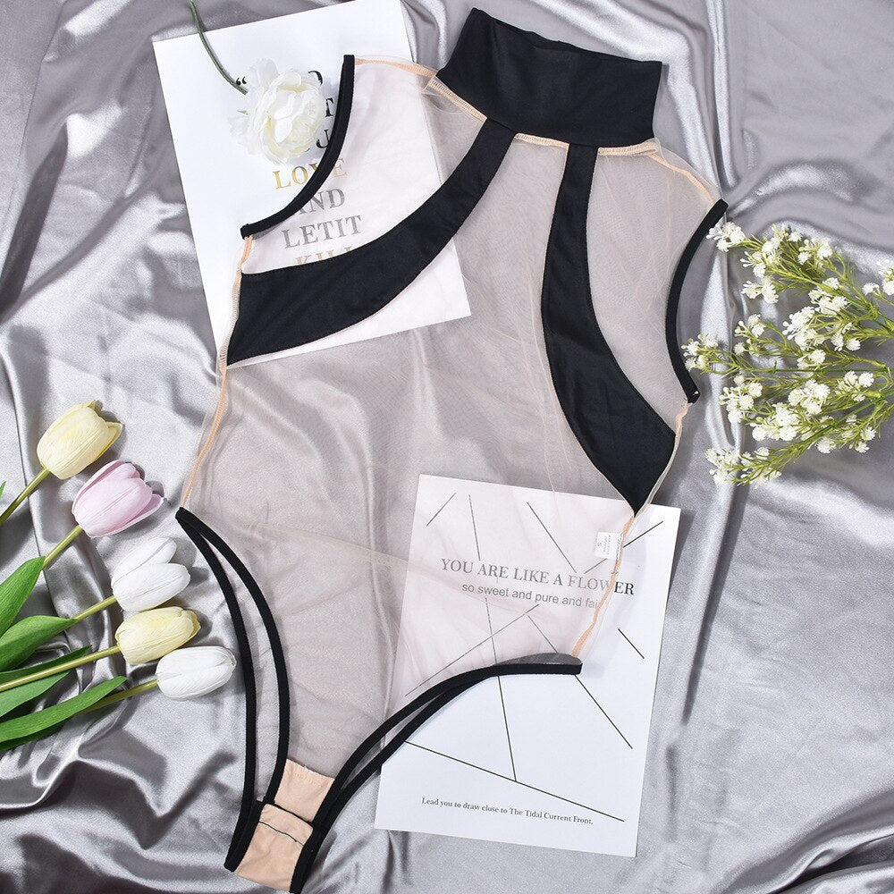 Ellolace Sexy Nude Bodysuit Uncensored Sleeveless Bodycon Tops Transparent Lace Patchwork Tight Sissy Open Crotch Tulle Body